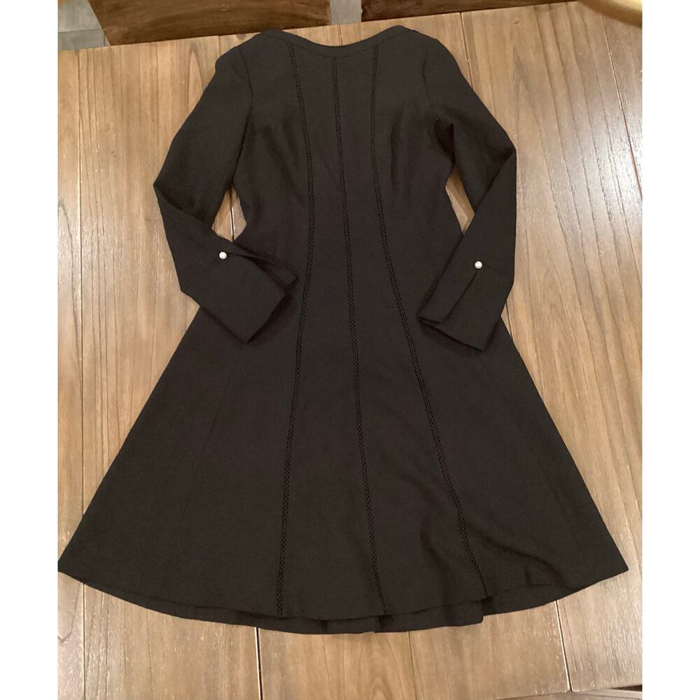 Teri Jon bateau neck crepe A Line Knee Length Dress Eyelet Long Sleeve Black 6